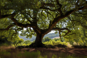 Fototapeta premium Cork oak (Quercus suber) - Western Mediterranean - Thick, corky bark that can be harvested without harming the tree. The bark is used to produce cork, which is widely used for wine bottle stoppers