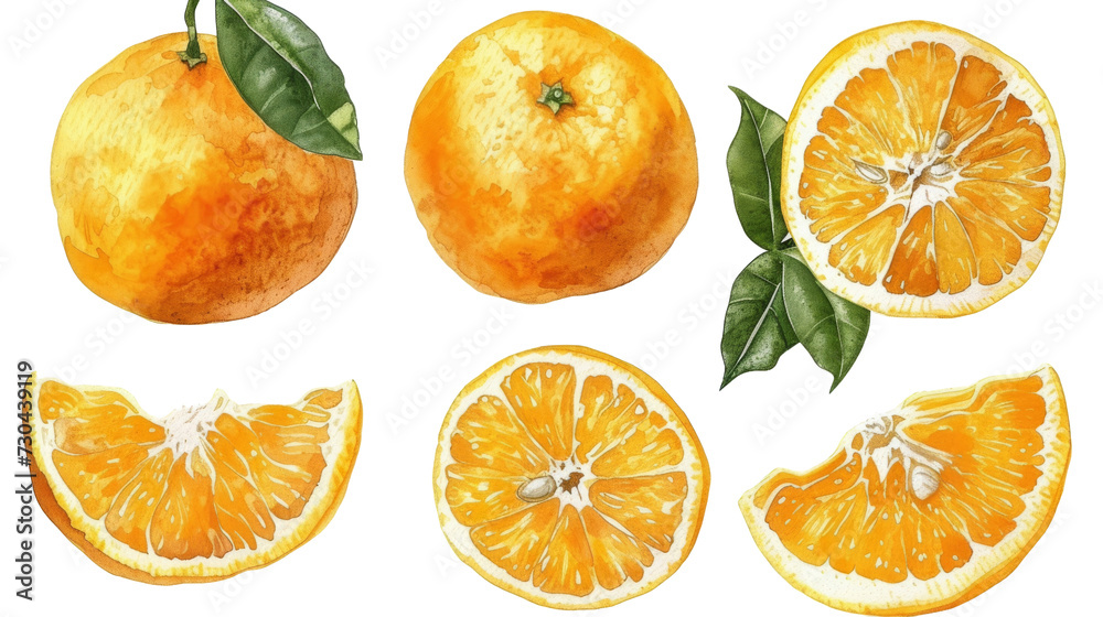 Wall mural Watercolor orange fruits. Citrus set with half isolated transparent background. PNG Format. - Wall murals