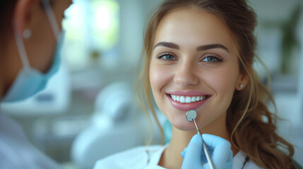 A happy woman with a beautiful smile is getting her teeth examined by a dentist, while her nose, skin, lips, eyebrows, eyelashes, jaw, and iris are also being taken care of through cosmetic dentistry. - obrazy, fototapety, plakaty