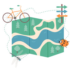 ecotourism banner. cycling through forest. vector. Bicycle tourism.