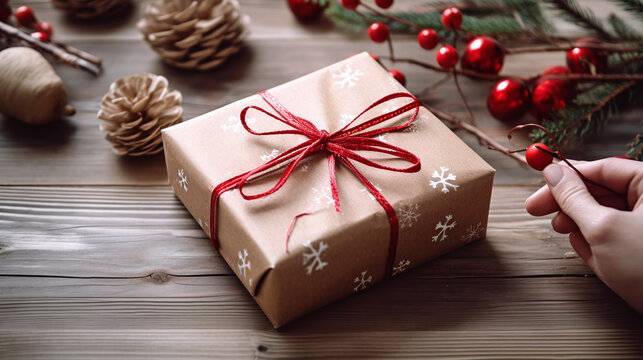 Gift packaging in an environmentally friendly way with undyed wrapping paper and natural cord