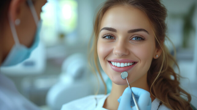 A happy woman with a beautiful smile is getting her teeth examined by a dentist, while her nose, skin, lips, eyebrows, eyelashes, jaw, and iris are also being taken care of through cosmetic dentistry.