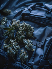 cannabis, marijuana leaves on a blue backpack, medicine, botany, houseplant