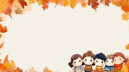 	
Greeting card template with autumn theme, children's illustrations, with blank copy space for text.	
