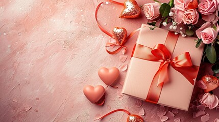 A creatively crafted gift box adorned with a pink ribbon, hearts, and peach petals for a festive event