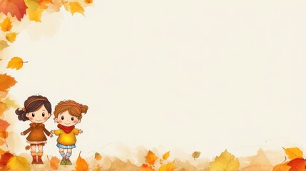 Fototapeta premium Greeting card template with autumn theme, children's illustrations, with blank copy space for text. 