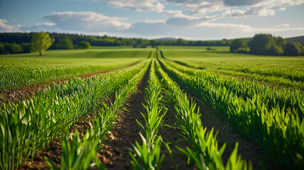Green even rows of plants in a field agricultural landscape