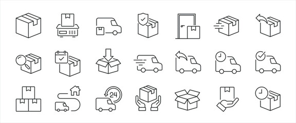 Delivery simple minimal thin line icons. Related shipping, cargo, courier, freight. Editable stroke. Vector illustration.