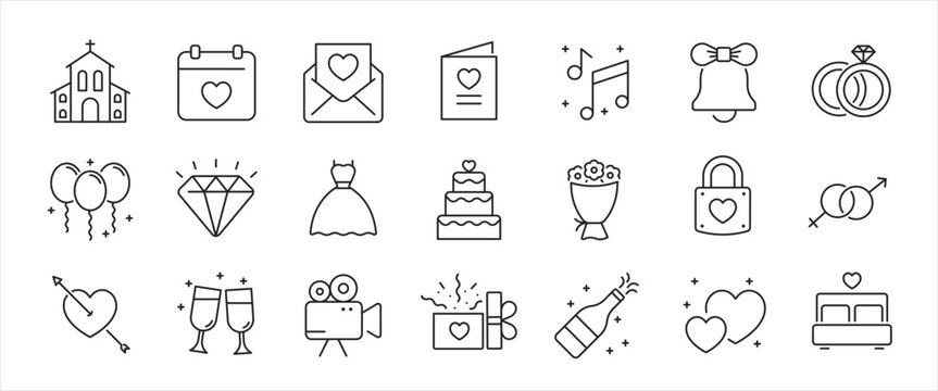 Wedding minimal thin line icons. Related love, merried, marriage, invitation. Editable stroke. Vector illustration.