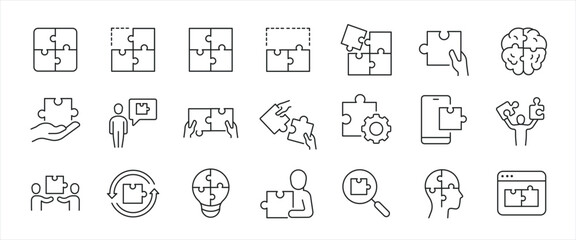 Puzzle simple minimal thin line icons. Related jigsaw, solution, idea, problem solving. Editable stroke. Vector illustration.