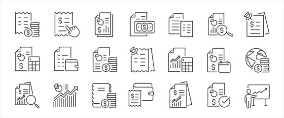 Finance report minimal thin line icons. Related payment, finance report, receive, billfold. Editable stroke. Vector illustration.