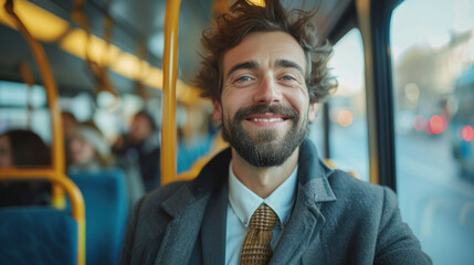 Portrait of a happy business man traveling by bus taking public transportation to reduce air pollution , businessman going to work by bus - Powered by Adobe