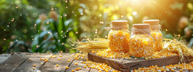 drying corn in glass jars on a wooden background