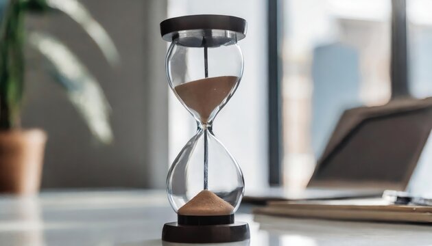 High-quality modern hourglass as time passing concept. Life time passing. blurry background