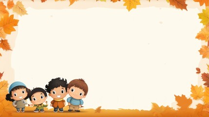 Fototapeta premium Greeting card template with autumn theme, children's illustrations, with blank copy space for text. 