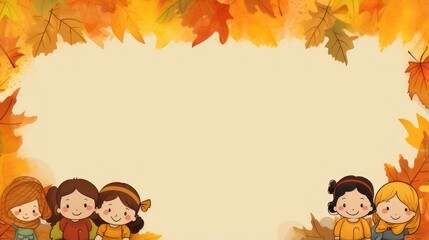 Obraz na płótnie Canvas Greeting card template with autumn theme, children's illustrations, with blank copy space for text. 