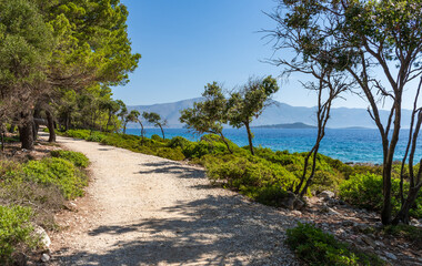 Empty trail on sea shore on idyllic Badija island near Korcula, Croatia