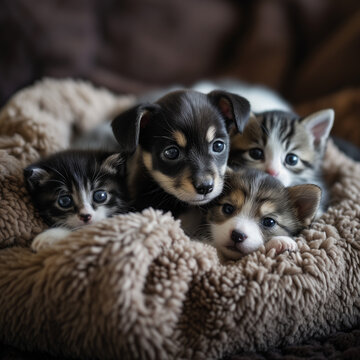 Adorable Puppies and Kittens Cuddled Together