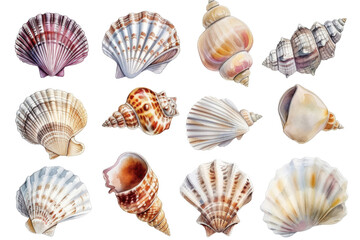 Watercolor set of different seashells isolated transparent background. PNG Format. - obrazy, fototapety, plakaty