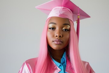 African American woman With Pink Hair Wearing Graduation Cap