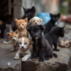Fototapeta na wymiar Adorable Group of Puppies and Kittens Outdoors