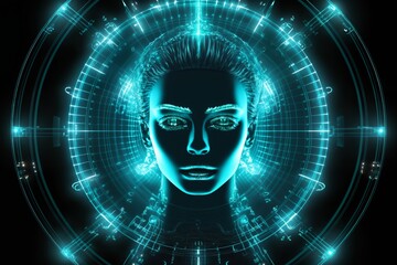a woman portrait with a abstract holography pattern on dark background, sci-fi, cyber art