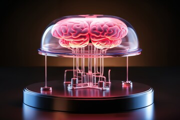 a pink brain connected to printed circuit board, bioelectronic computer artificial intelligence, dark background, bioluminescence - obrazy, fototapety, plakaty