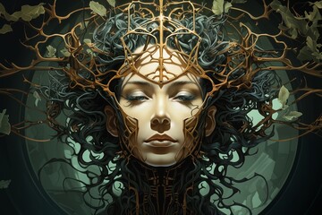 a woman with a tree on her head and branches with leaves, and a moon in the background, biomechanical, cyberpunk art, fantasy art