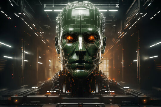 a large cyber robot head in the workshop, a robot manufacturing plant, an industrial environment