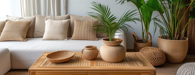 Fototapeta na wymiar Furnished Living Room With Abundant Furniture and Plants