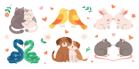 Set of cute animal couples in love. Romantic couples of cats, birds, rabbits, snakes, dogs and rats. Vector collection for valentines day poster, banner, greeting card