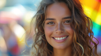 Fototapeta premium Portrait of very beautiful young spanish woman rallying for LGBTQ+ rights at a Pride month parade with diversity and rainbow flags