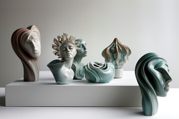 A ceramic sculpture of woman's heads. Surreal Ceramic Art Exhibition on Display