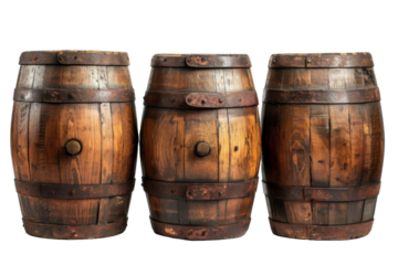 Wooden Barrels isolated transparent background. PNG Format.