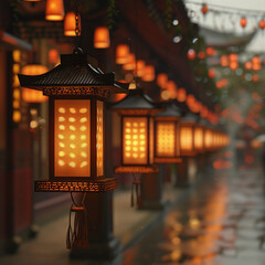 Illuminated Lanterns Adorning an Exotic Street at Dusk