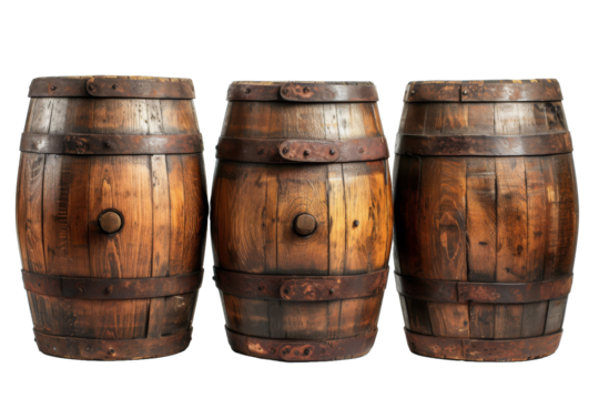 Wooden Barrels isolated transparent background. PNG Format.
