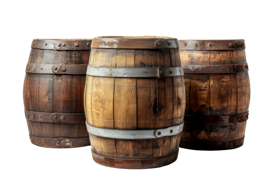 Wooden Barrels isolated transparent background. PNG Format.