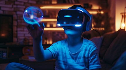 Little boy wearing glasses of virtual reality with blue neon lights in living room