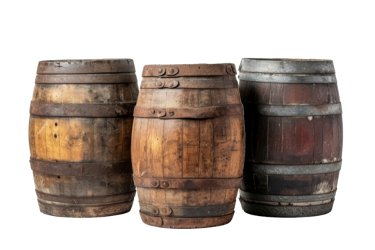 Wooden Barrels isolated transparent background. PNG Format.