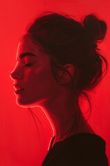 Young female model with red neon lights surrounding her face, isolated against a dark background.
