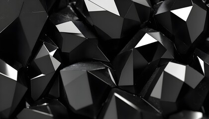 3d render, abstract black crystal background, faceted texture, macro panorama, wide panoramic polygonal wallpaper