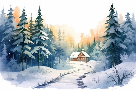 Winter landscape with cozy cabin surrounded by snowy trees. Seasonal background and scenery.