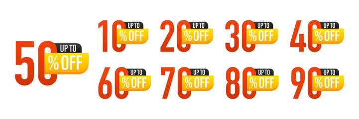 Special offer discount label with different sales percentage. 10, 20, 30, 40, 50, 60, 70, 80, 90 percent discount promotion icon logo design. Discount promotion. Vector illustration