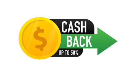 Premium Cash Back Banner Bubble. Web Element Label. Online shopping partner program. Money economy service. Gold dollar coins. Vector illustration
