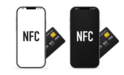 Concept of Payment for Purchases by Card, Online Shopping. NFC payment using smartphone mobile phone or card. Payment by credit card via e wallet wirelessly. Vector illustration