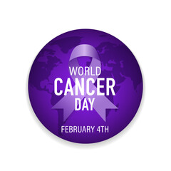 World Cancer Day Purple Abstract Background with Ribbon and World Map. February 4th international cancer day wallpaper. World Cancer Day banner design. Vector illustration