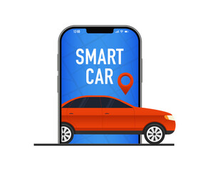 Autonomous wireless parking with remote connection to a car sharing service controlled via a smartphone app. Phone with location mark and modern automobile data monitoring parking. Vector illustration