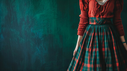 Scottish woman in tartan kilt on blue wall background with copy space for national tartan day - AI Generated - obrazy, fototapety, plakaty