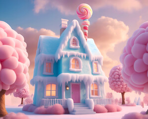 A house constructed entirely of frozen ice cream stands amidst a fantastical landscape of cotton candy clouds and trees
