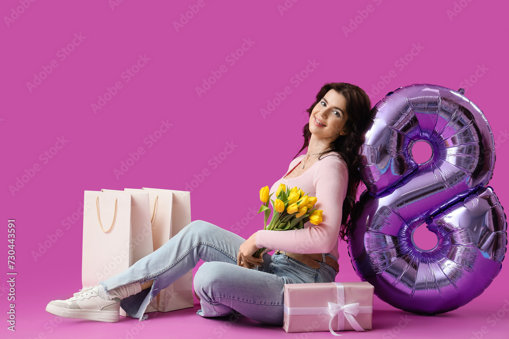 Sticker Beautiful woman with tulips, gifts and balloon in shape of figure 8 on purple background. International Women's Day